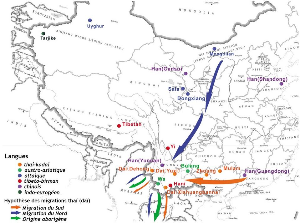 Carte des hypothèses des migrations thaï